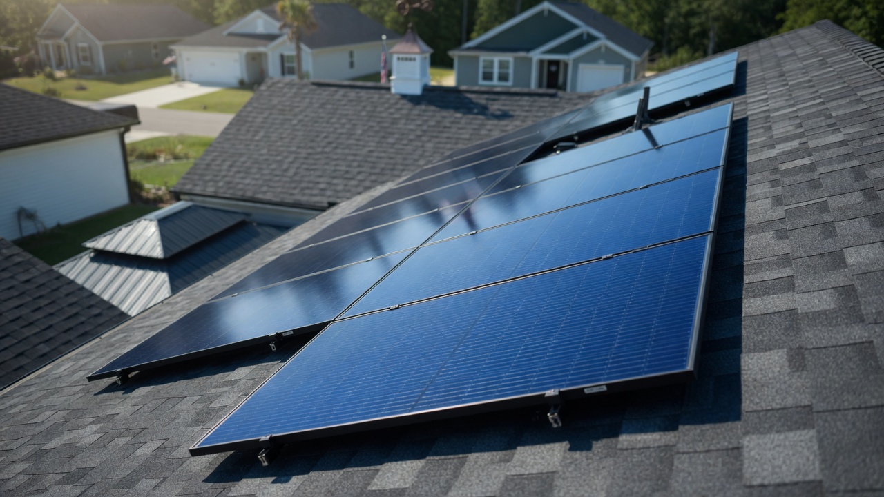 Home with solar panels in daylight